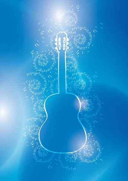 Contorno de luz de la guitarra con notas musicales sobre fondo vector azul — Vector de stock