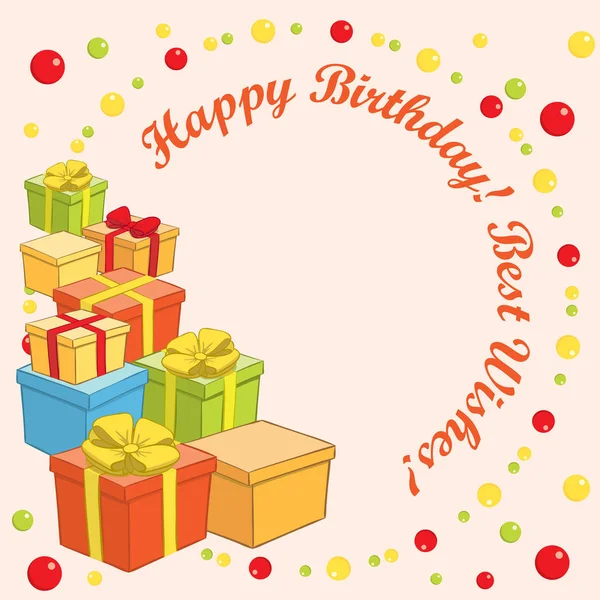 Feliz cumpleaños y mejores deseos - tarjeta de felicitación vectorial con regalos — Vector de stock