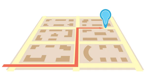 Plattegrond van de stad in perspectief en navigatie pijl met pointer - vector plan — Stockvector