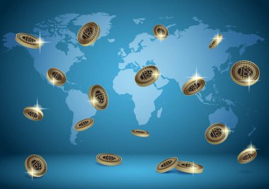Dünya Haritası ve bitcoins mavi vektör arka plan