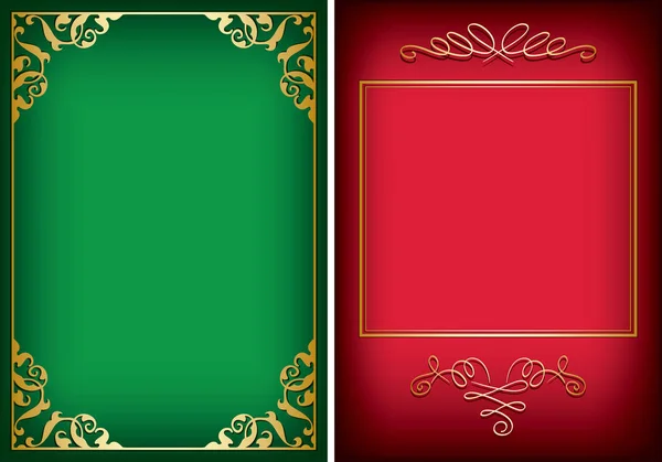 Red and green backgrounds with golden decorative frames - vector — Stock Vector