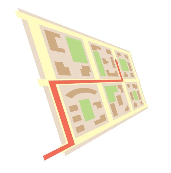 Вращающаяся карта в перспективе и красная стрелка - векторные городские блоки — стоковый вектор