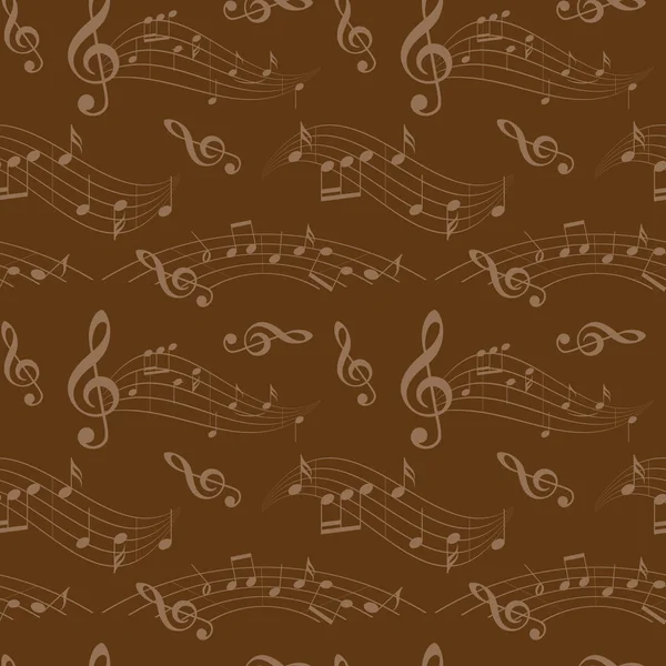 Patrón inconsútil marrón oscuro con notas de música onduladas - fondo vectorial — Vector de stock