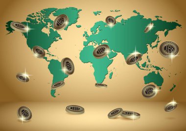 Dünya Haritası ve bitcoins altın vektör arka plan