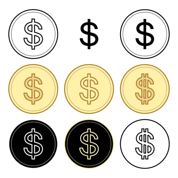 Schwarze und gelbe Dollars - Vektor-Set von Münzen — Stockvektor