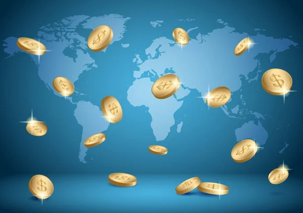 Modrý vektor pozadí s mapou světa a mince - dolary — Stockový vektor