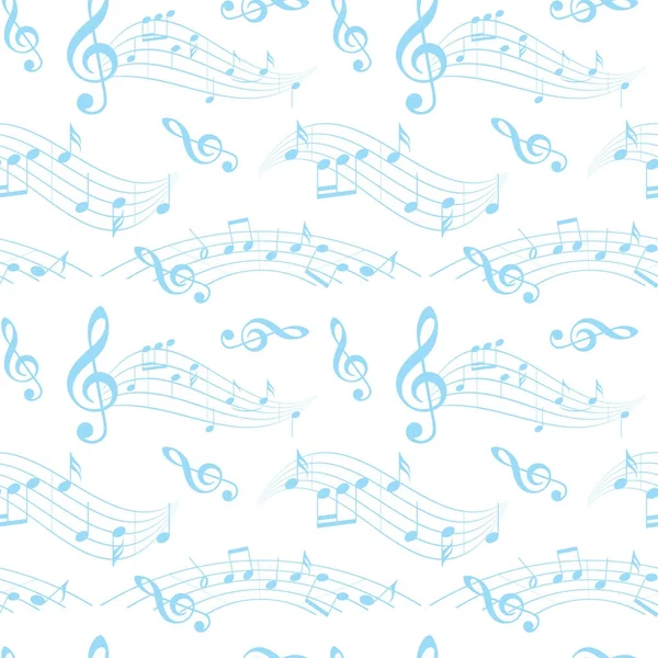 Patrón inconsútil blanco y azul con notas de música onduladas - fondo vectorial — Archivo Imágenes Vectoriales