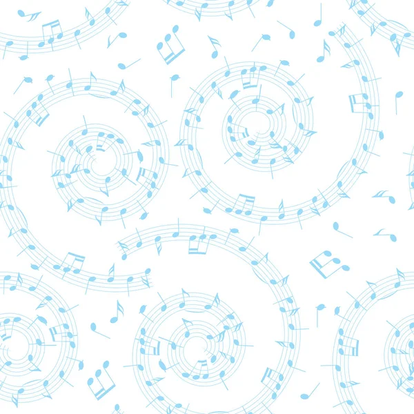 Fundo vetor branco e azul com espiral padrão sem costura com notas de música — Vetor de Stock