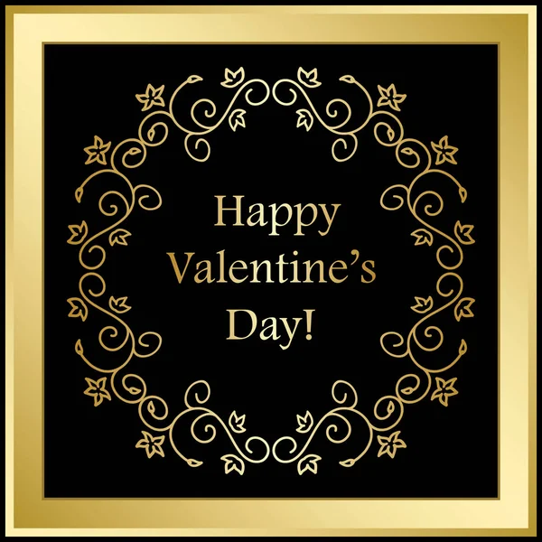 Gold vector frame on black background - happy valentines day — Stock Vector