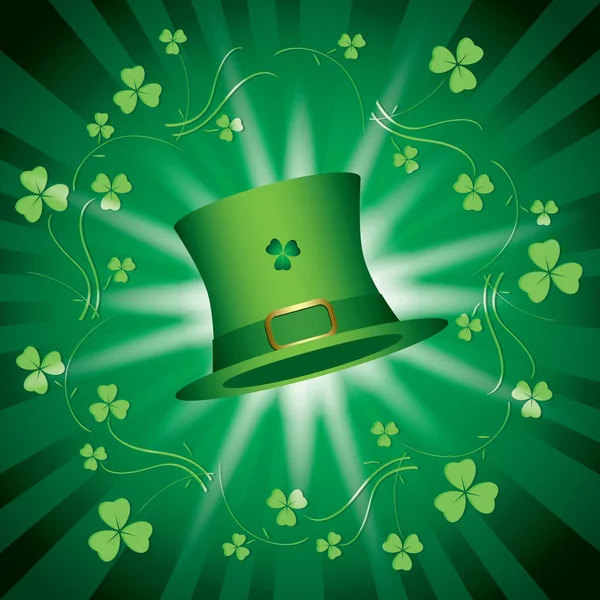 St dia patricks - verde vetor brilhante fundo com chapéu verde e feixes de luz — Vetor de Stock