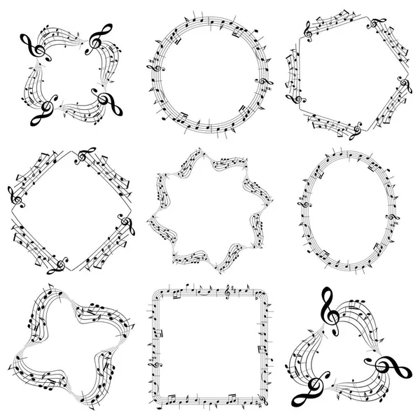 Vector decorative music frames with notes - oval square round — Stock Vector