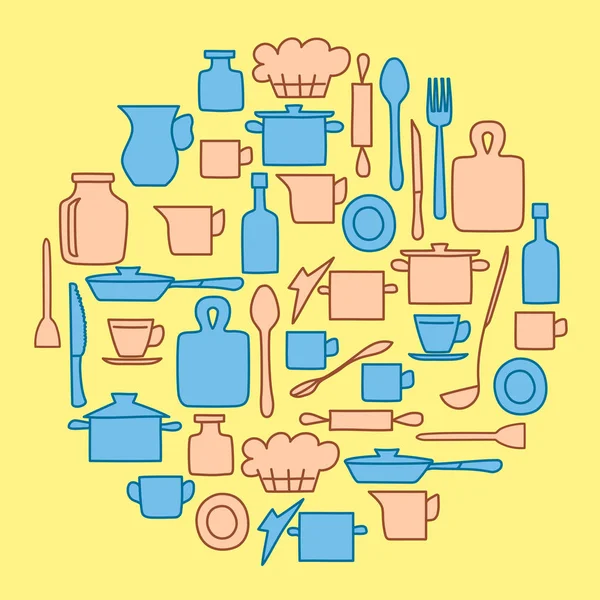 Utensílios de cozinha bege e azul em grupo redondo - ilustração vetorial sobre fundo amarelo — Vetor de Stock