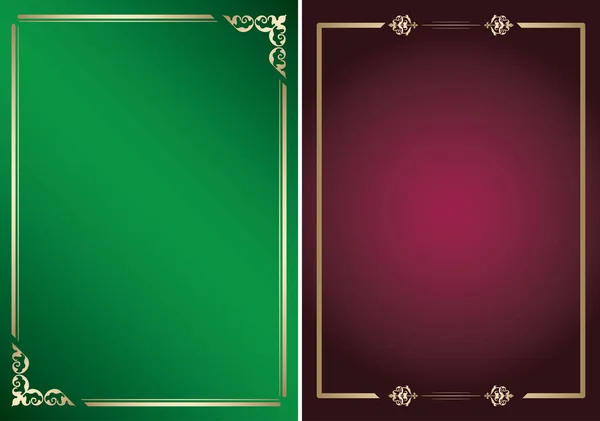 Bright green and purple vector backgrounds with golden frames — Stock Vector