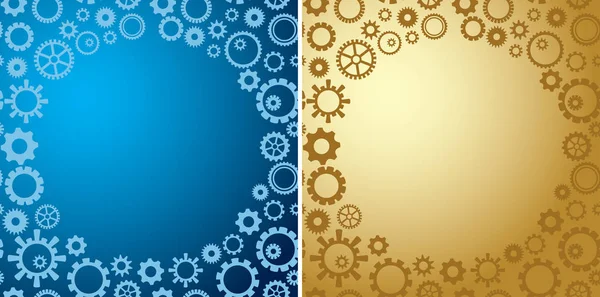 Kulaté rámy na modrém a žlutém pozadí s gradientem - vektor s ozubenými koly — Stockový vektor