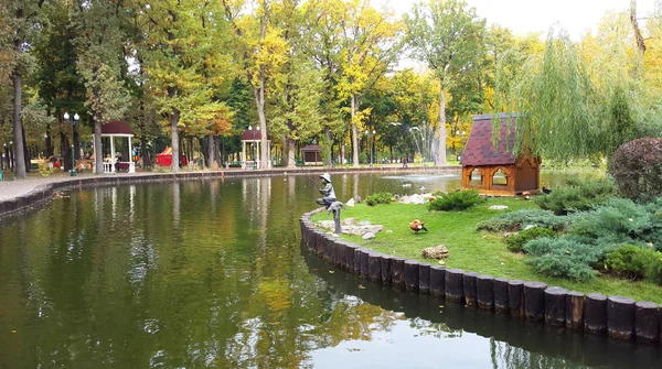 Fågeldamm med fontän och höst natur i Kharkiv stadspark / Ukraina 2019 — Stockfoto