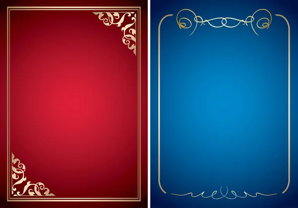 Red and blue vector a4 backgrounds with golden frames — Stock Vector