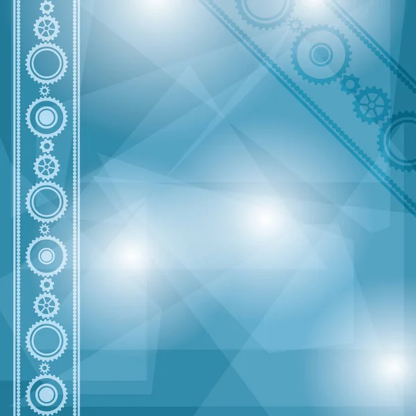 Fondo poligonal azul con ruedas dentadas en borde ornamental - ilustración vectorial — Vector de stock