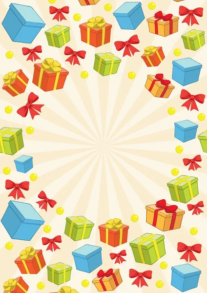 带彩色礼品盒和红色蝴蝶结假日的背景.矢量中心框架 — 图库矢量图片