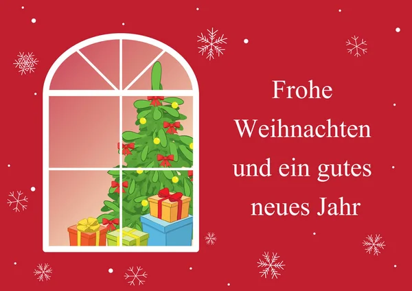 Wesołych Świąt i Szczęśliwego Nowego Roku na niemiecki - czerwona kartka wektorowa z drzewem noworocznym w oknie — Wektor stockowy