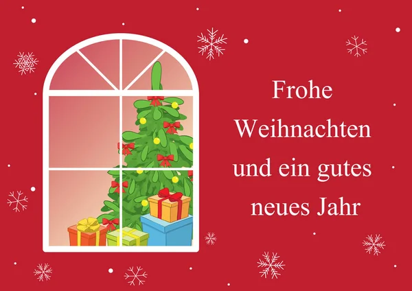 Καλά Χριστούγεννα και Ευτυχισμένο το Νέο Έτος στη γερμανική - κόκκινο διάνυσμα κάρτα με το νέο έτος δέντρο στο παράθυρο — Διανυσματικό Αρχείο
