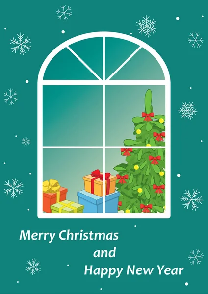Зеленая открытка с новогодней елкой и подарками в окне - векторные открытки на рождественские праздники — стоковый вектор
