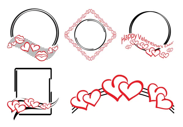 Éléments décoratifs avec des cœurs rouges et baiser pour la Saint-Valentin - cadres vectoriels — Image vectorielle