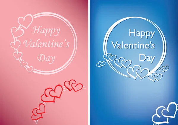 Tarjetas de San Valentín rosado y azul con corazones vectoriales y saludos — Vector de stock
