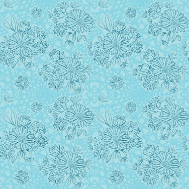 Mavi çiçekli açık mavi arkaplan - vektörsüz desen