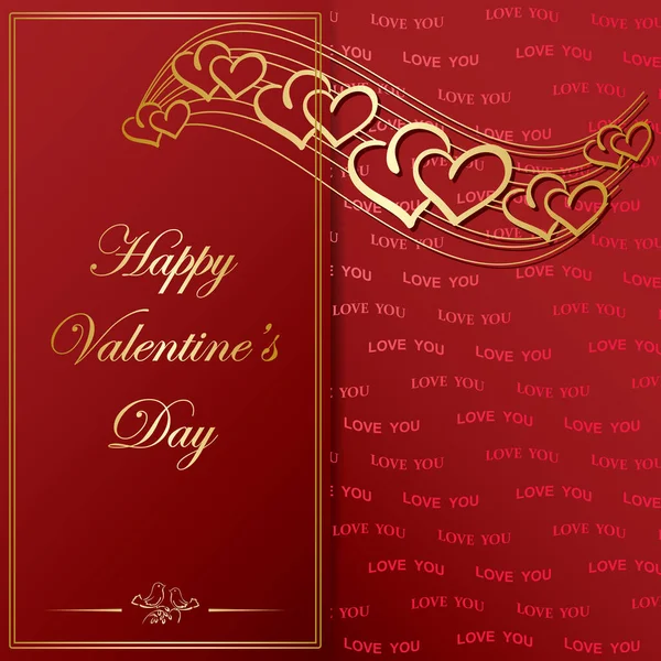 Zlatý rám a ozdobné zlaté srdce na tmavě červeném pozadí - vektorové valentýnské přání — Stockový vektor