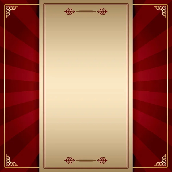 Red golden vector vintage background with golden decorations and rays — 스톡 벡터