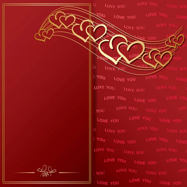 Golden frame and decorative gold hearts on red background - vector valentine card — 스톡 벡터