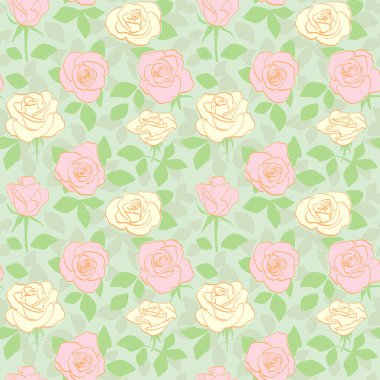 Süssüz desenli sarı ve pembe güller ve yeşil yapraklar - vektör çiçekli arka plan