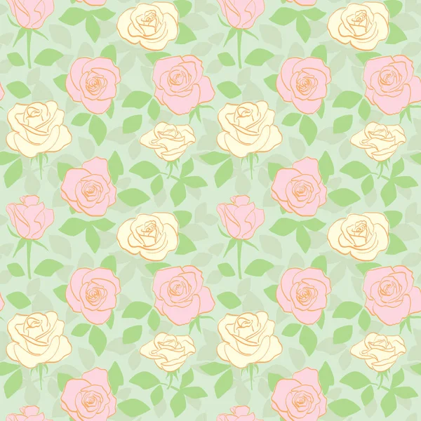 Decorative Seamless Pattern Yellow Pink Roses Green Leaves Vector Floral — Stock Vector