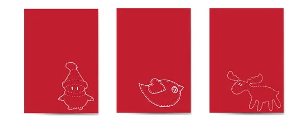 Kartu Natal mengatur latar belakang merah vertikal, dengan Santa, burung, d - Stok Vektor