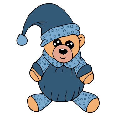 Noktalı mavi elf şapkalı ve kostümlü oyuncak ayı.