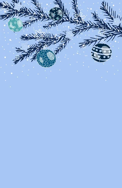 Blauer Hintergrund mit Weihnachtsbaum und Kugeln mit Schnee, und pla — Stockvektor