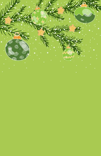 Fondo verde con árbol de Navidad y bolas con nieve, y pl — Vector de stock