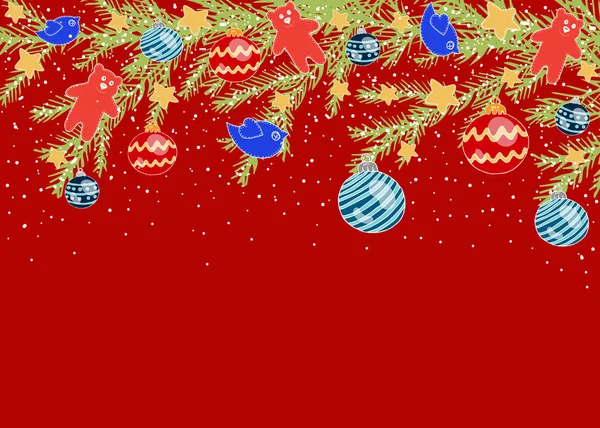 Fondo rojo horizontal de Navidad con ramas de árbol de Navidad — Vector de stock