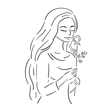 Uzun saçlı mutlu kadın bir gül tutuyor, siyah bir çizgi 