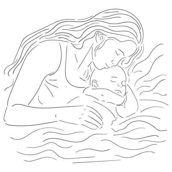Donna con bambino, mamma accarezzando un bambino addormentato, linea nera isolat — Vettoriale Stock