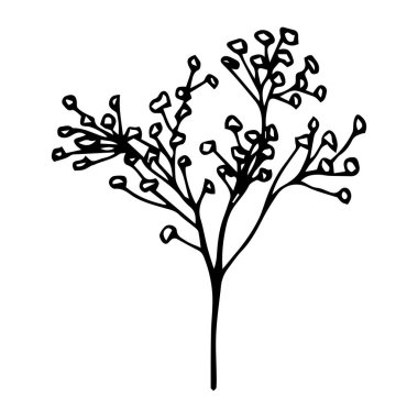 Small flowers twig black outline isolated on white background, s