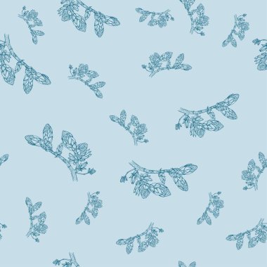 Mavi arkaplan üzerinde lacivert bir dal çizgisine sahip bahar deseni, tasarım ve dekor için stok vektör illüstrasyonu, baskılar, ambalaj kağıdı, kumaşlar