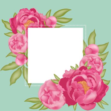 Pembe şakayık, tomurcuk, yeşil yapraklı, 3 boyutlu efektli mavi arkaplan, stok vektör çizimi. Tasarım ve dekorasyon için, kartpostal, pankart, çerçeve.