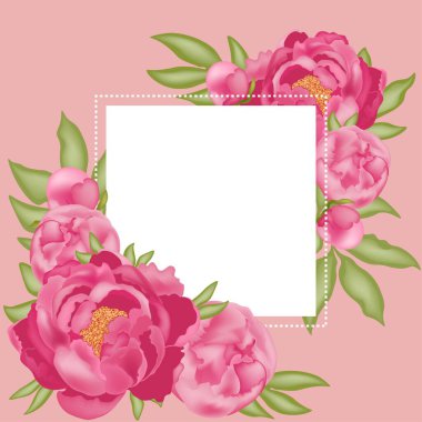 Yazı için yeri olan arka plan, pembe şakayıklar, tomurcuklar ve yeşil yapraklar, pembe arka planda, dizayn ve dekor için stok vektör çizimi, pankart, kartpostal, çerçeve.