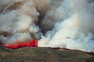 White Aircraft Dropping Fire Retardant as it Battles the Raging Wildfire  clipart