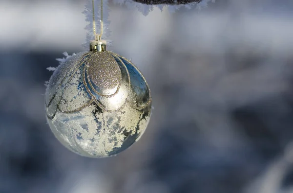 Adorno de Navidad de oro congelado decorando un árbol al aire libre cubierto de nieve — Foto de Stock