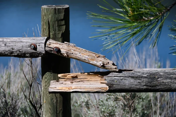 Rozbité Dřevěné Zábradlí Stojící Letního Jezera — Stock fotografie