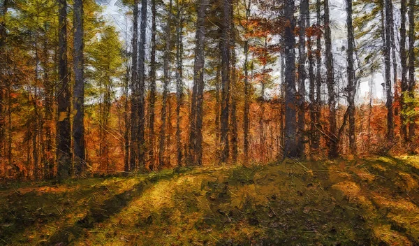 Impresjonistyczny Styl Artwork Autumn Colors Ukryte Głęboko Zielonym Lesie — Zdjęcie stockowe