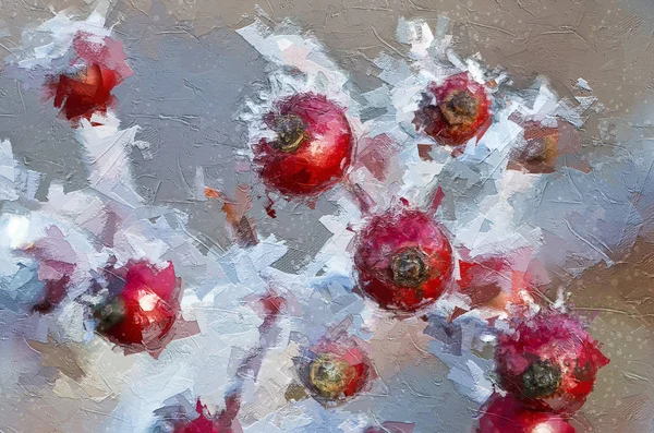 Impressionistic Style Artwork Bright Red Berries Ccovered Winter Frost Лицензионные Стоковые Изображения