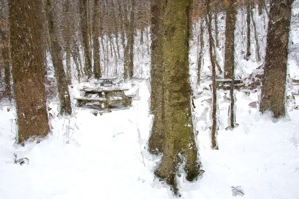 Impressionistic Style Artwork Snow Covered Picnic Table Resting Silently Deep — Stock Photo, Image